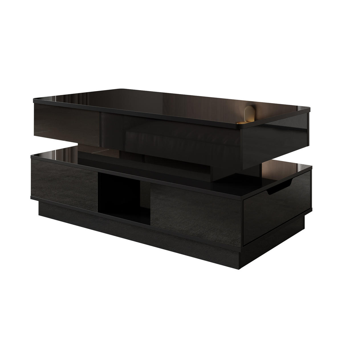 COUCHTISCH aus MDF 90x48x42,5 cm Schwarz hochglänzend mit Höhenverstellung, LED-Beleuchtung und Steckdose - Schwarz, Holzwerkstoff (90/48/42.5cm) - IVMEU