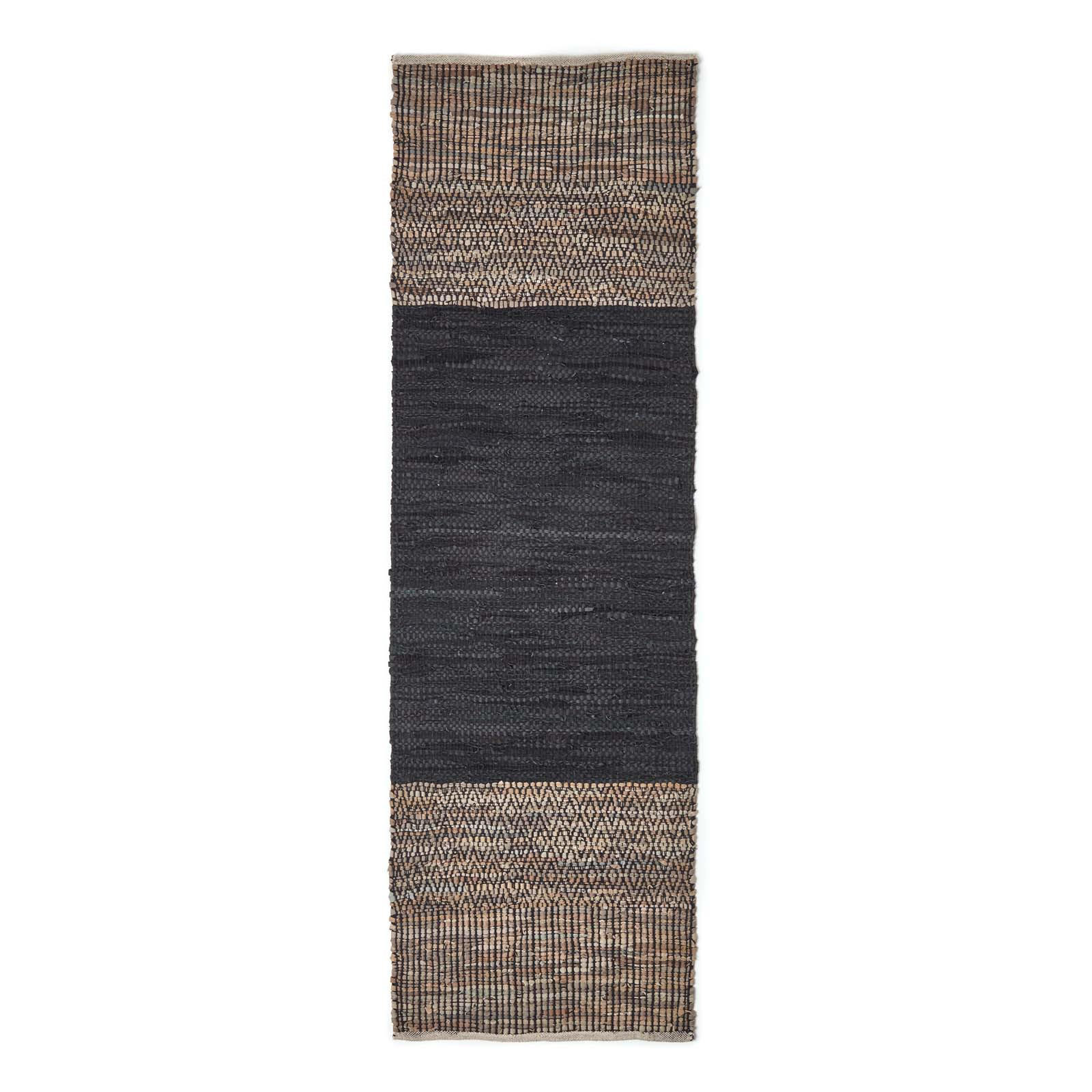 LEDERTEPPICH-LÄUFER mit Webmuster 66/200 cm - Schwarz, Leder (66/200cm) - Homescapes