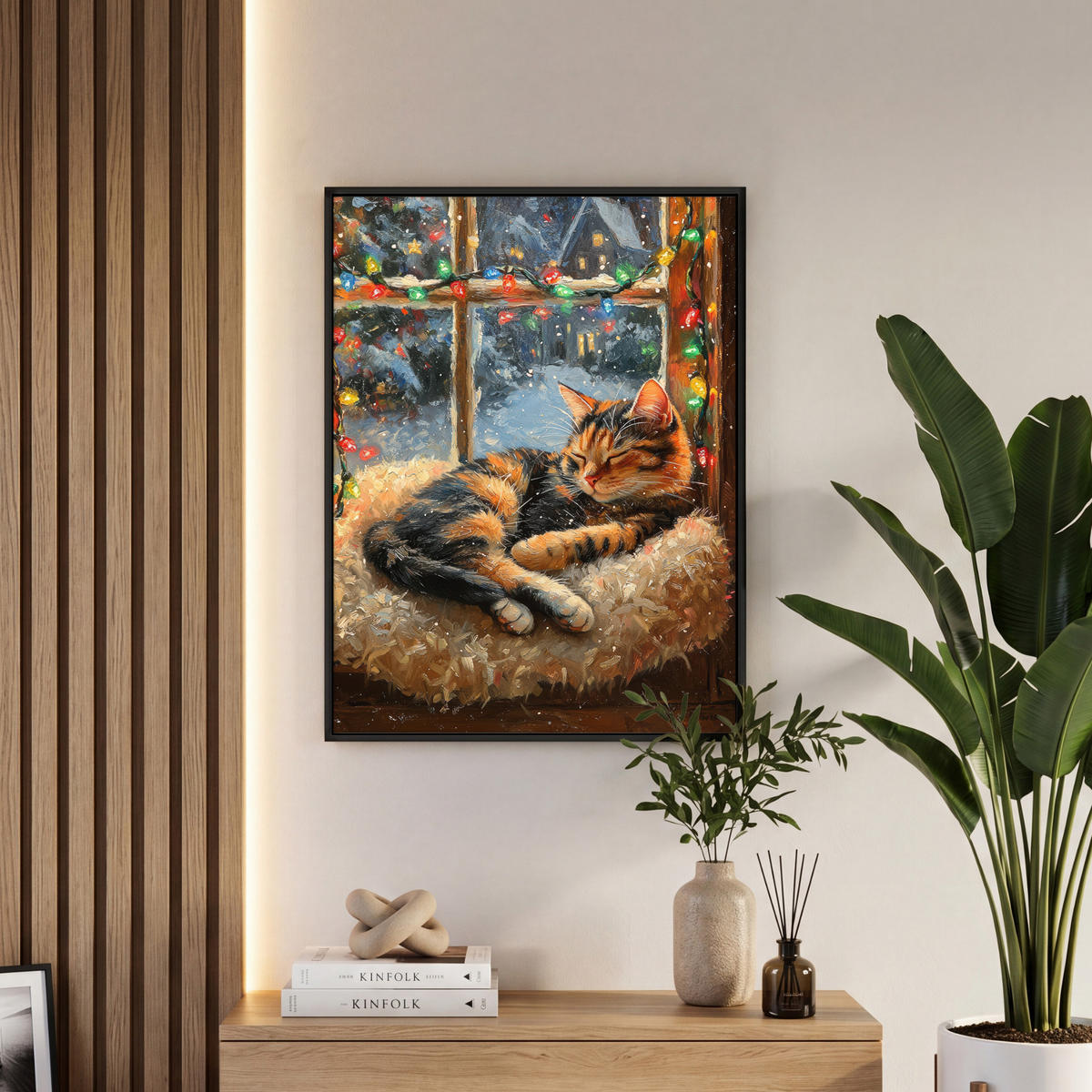 LEINWAND Bilder mit Rahmen - Katze - Weihnachten - Winter - Tier - 60x80 - Bernsteinfarben, Textil (60/80cm) - MuchoWow