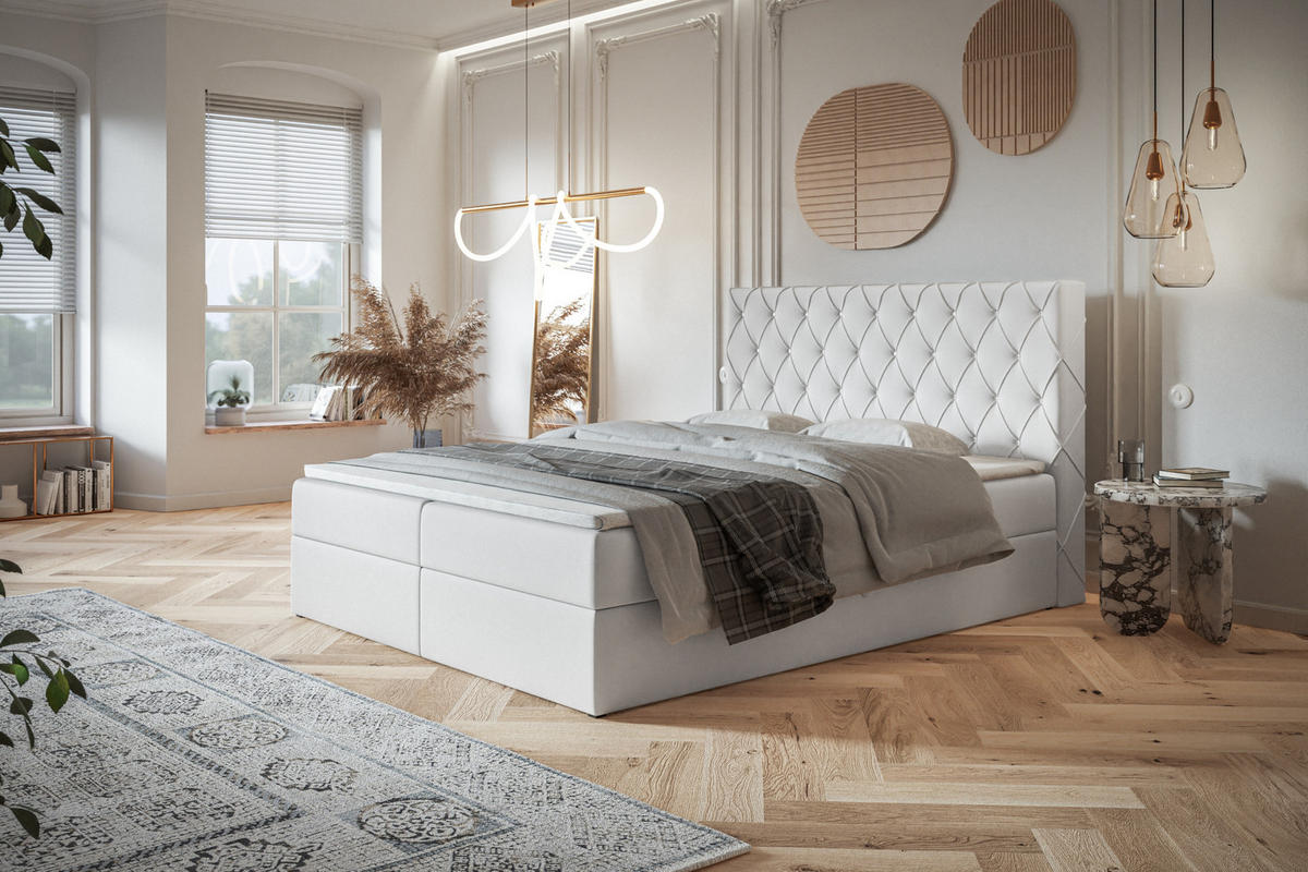 BOXBETT BOSTON mit 2 Bettkästen, 140x200, Farbe: Weiß, Kunstleder, Doppelbett mit Bonell-Matratze - Weiß, Holz/Kunststoff (140/200cm) - Alpi-Möbel