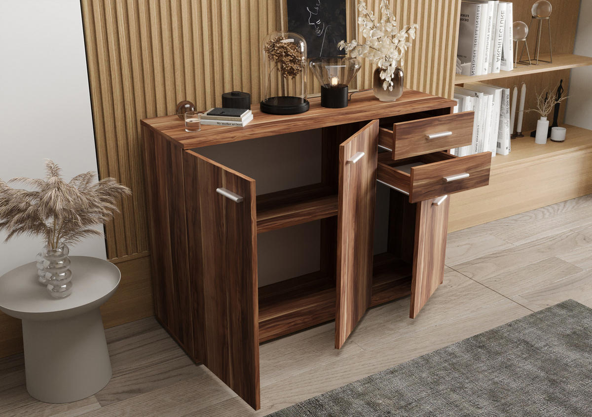 KOMMODE London LMK 3D2S mit 3 Türen, Sideboard in Farbe: Braun, Größe: 106 x 75 x 35 cm - Braun, Holzwerkstoff (106/75/35cm) - O-Sofa