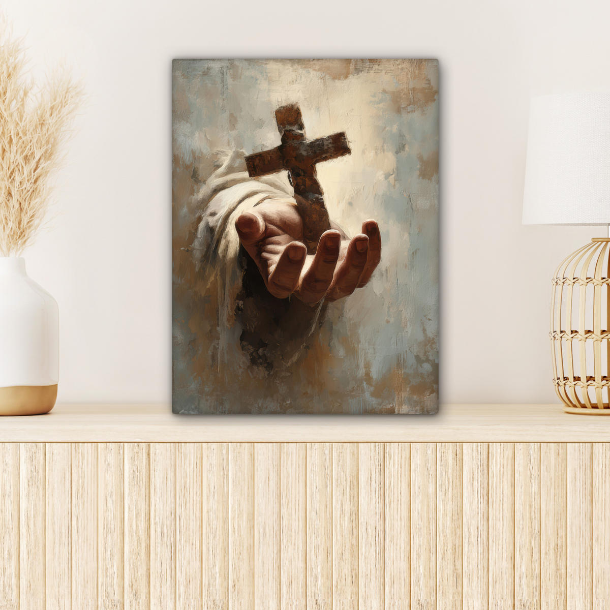 LEINWANDBILD Abstrakt - Kreuz - Hand - Christentum Room Decor 30x40 cm - Hellbraun, Textil (30/40cm) - MuchoWow