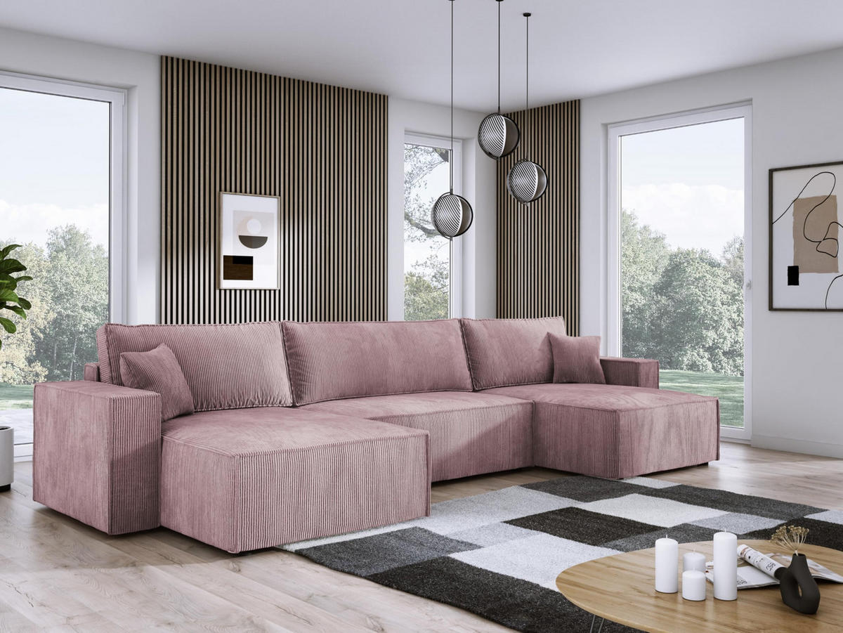 ECKSOFA Poso XXL U-förm, Schlaffunktion, weiche Kissen, Bettkasten, hochwertige Polsterung, lose Rückenkissen, freistehend, 377x143x83 cm Pink - Pink, Holz/Textil (377/83/143cm) - DomoHome