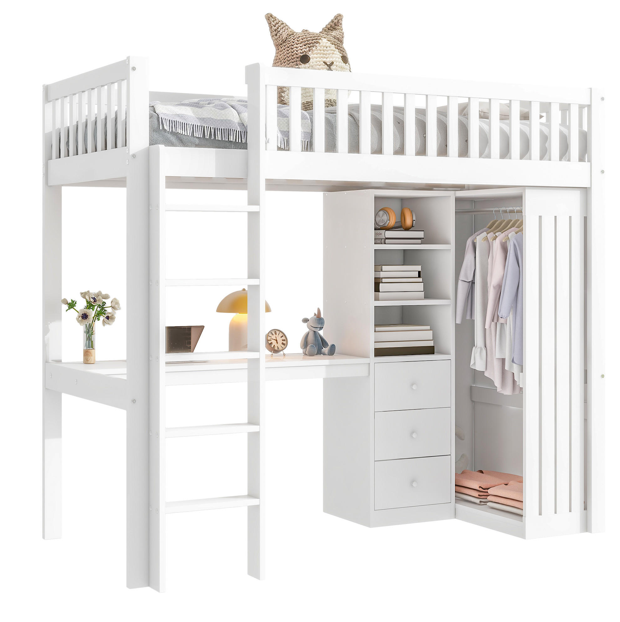 HOCHBETT 90/200 cm in Weiß mit Schreibtisch, Kleiderschrank und 3 Schubladen - Weiß, Holz (90/200cm) - Flora Grace