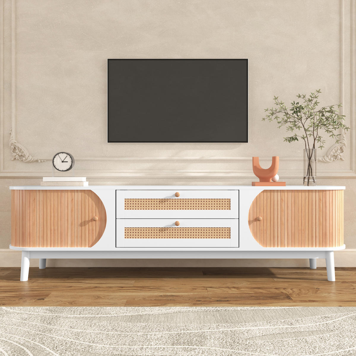 TV-RACK 170x39,5x46cm RattanLandhausstil Weiß mit Türen und Schubladen - Weiß, Holz (47/8/184cm) - Raelunyi