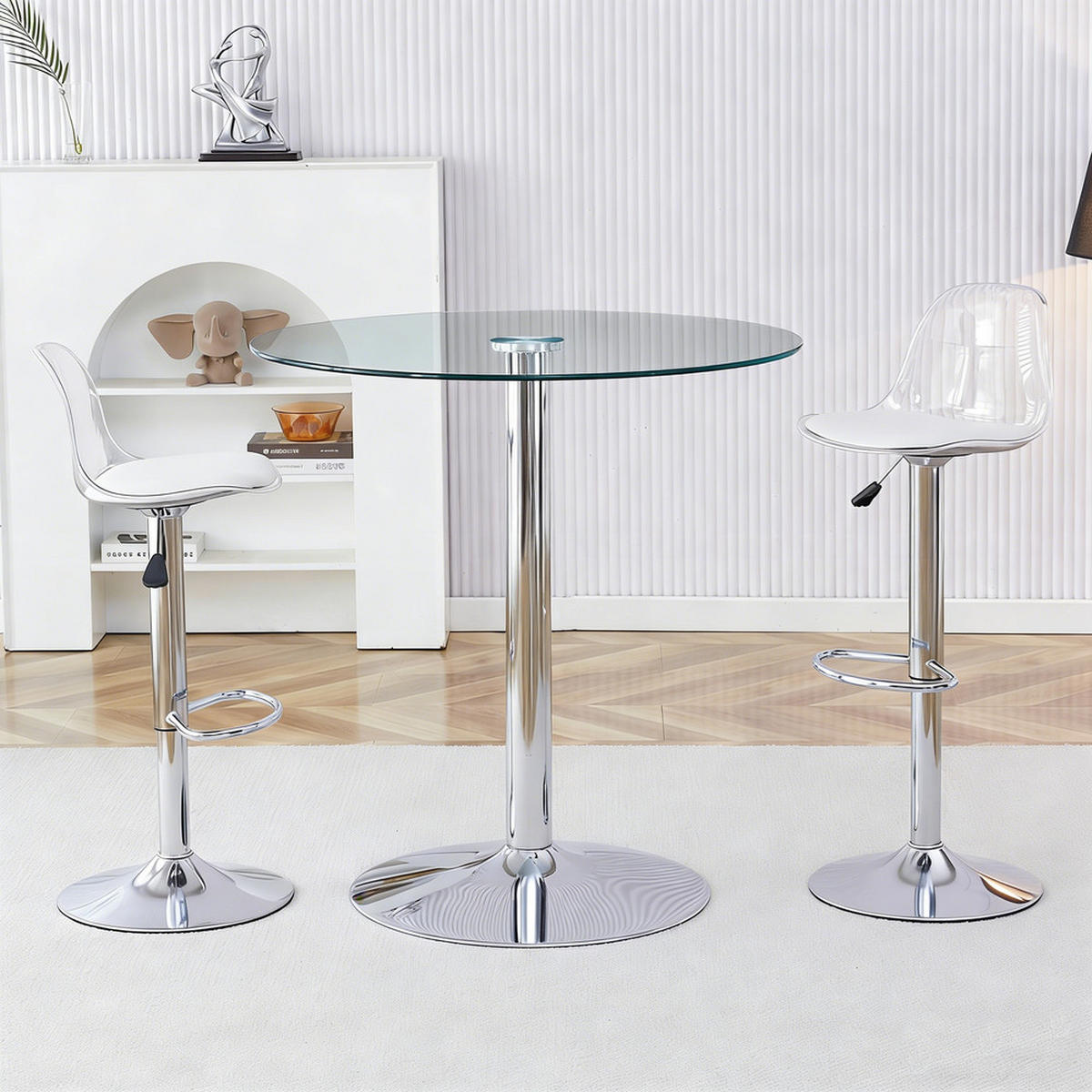 TISCHGRUPPE 3-tlg Glastisch 89 cm mit 2 Hocker Silber Höhenverstellbar - Silberfarben, Glas/Metall (49.5/50/51cm) - Raelunyi