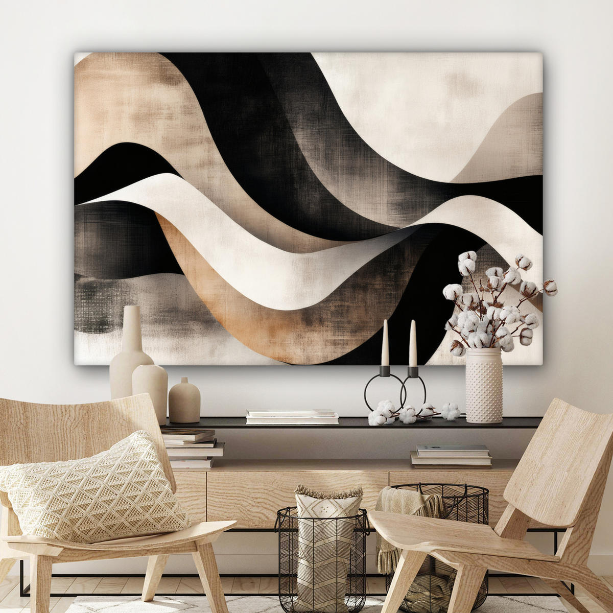 LEINWANDBILD Abstrakt - Wellen - Schwarz - Verwittert Wohnzimmer Groß 120x80 cm - Trüffeleichefarben, Textil (120/80cm) - MuchoWow