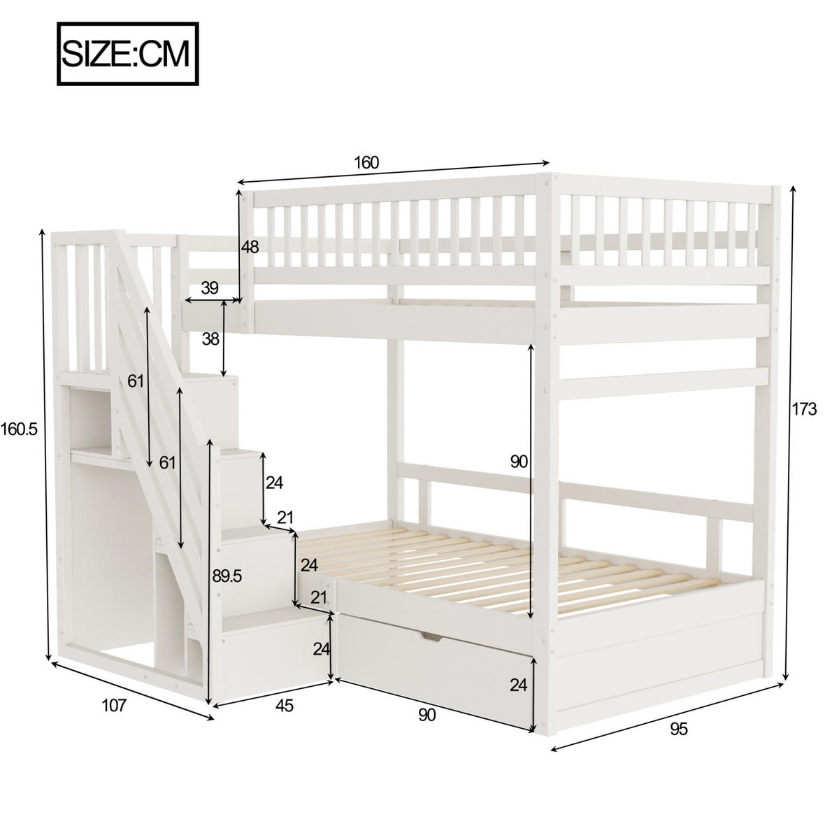 ETAGENBETT 90/200 cm in Weiß mit Stauraum, Sicherheitsleiter und Schubladen - Weiß, Holzwerkstoff (90/200cm) - OKMYHOME