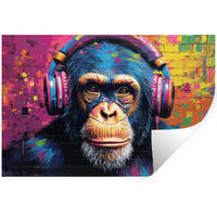 WANDTATTOO Graffiti - Schimpanse - Straßenkunst - Kopfhörer - Affe 120x80 cm - Blau, Kunststoff (120/80/0.1cm) - MuchoWow