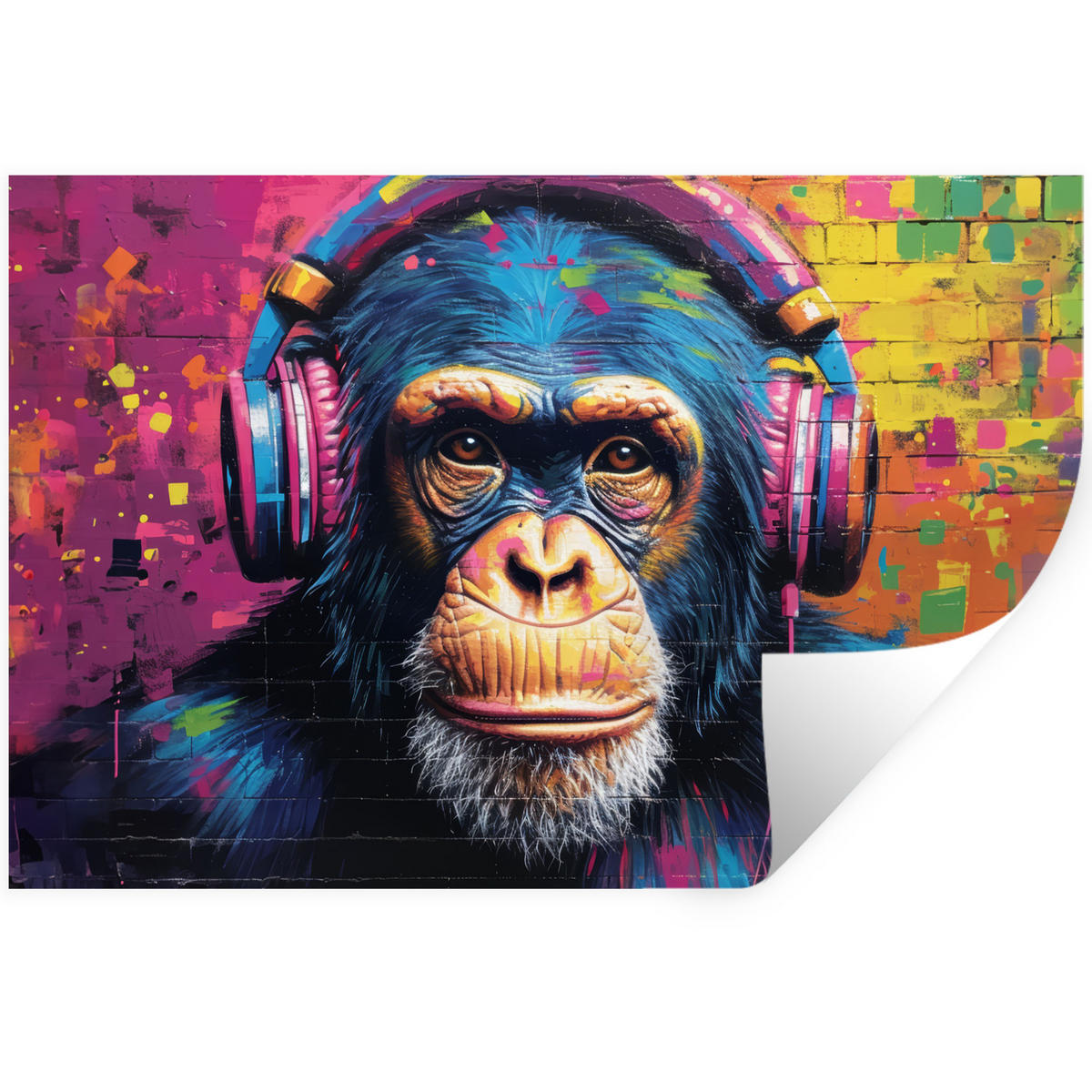 WANDTATTOO Graffiti - Schimpanse - Straßenkunst - Kopfhörer - Affe 120x80 cm - Blau, Kunststoff (120/80/0.1cm) - MuchoWow