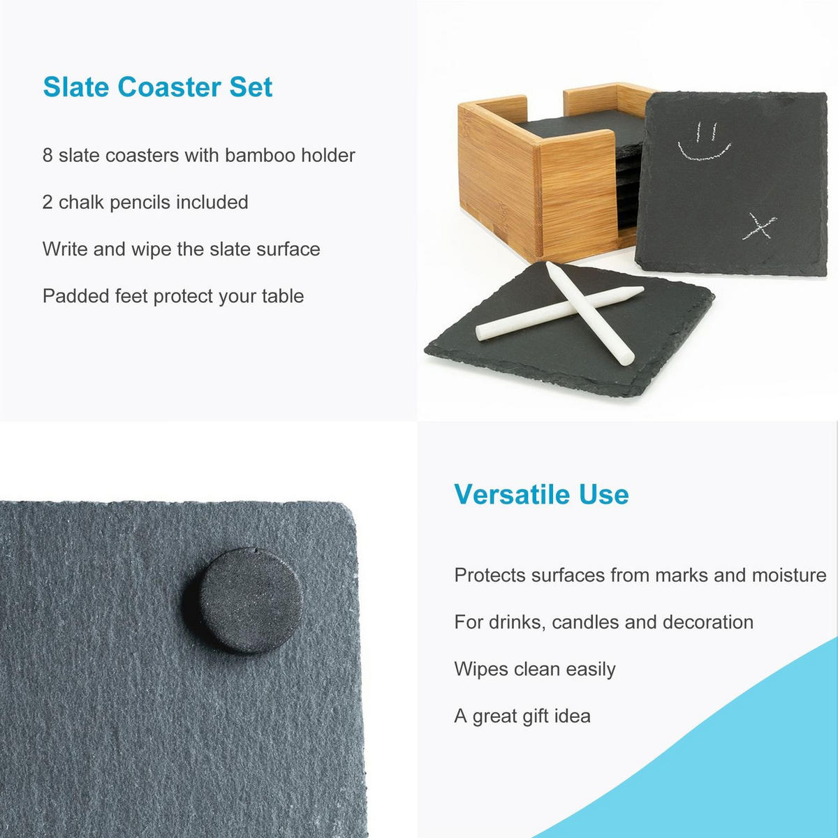 UNTERSETZER-SET mit Bambushalterung und Kreidestiften (11-tlg.) - Schwarz, Stein (10/10cm) - Intirilife