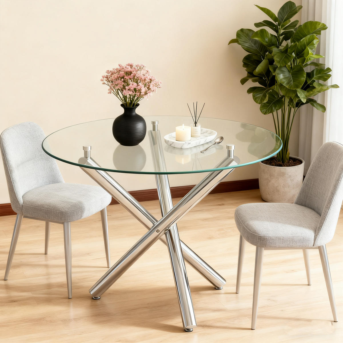 ESSTISCH 80/80/76 cm silber aus Glas mit verstellbaren Gleitern - Silberfarben, Metall (80/80/76cm) - OKWISH