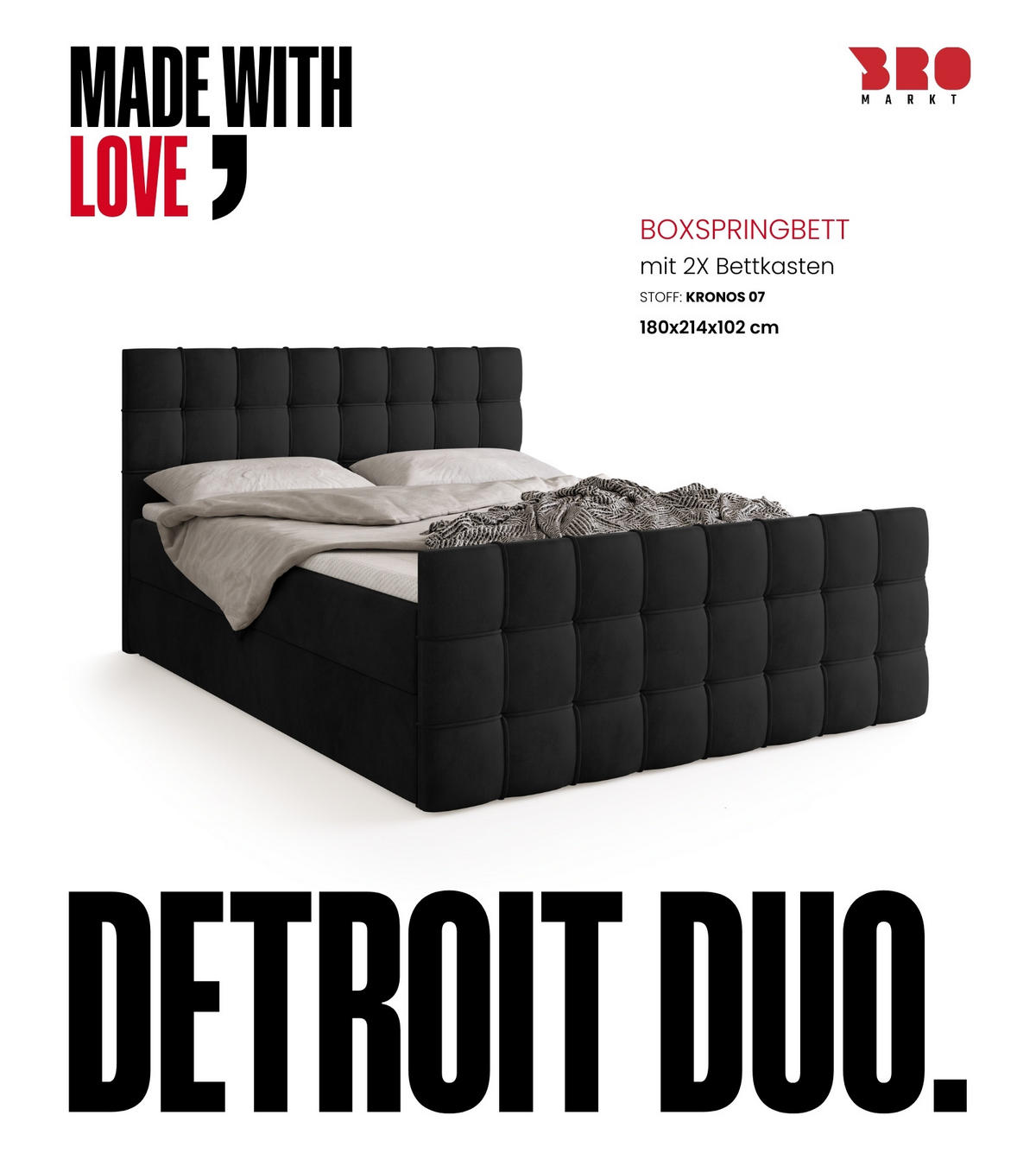 BOXBETT Detroit Duo mit Topper 180/200 Schwarz - Schwarz, Textil (180/200cm) - Bromarkt