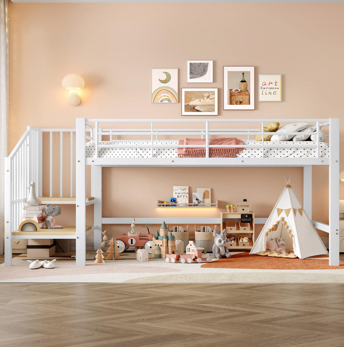 HOCHBETT Halbhohes Hochbett 90/200 cm aus MDF und Metall mit Stauraumtreppe Weiß - Weiß, Holzwerkstoff (90/200cm) - Modenvie
