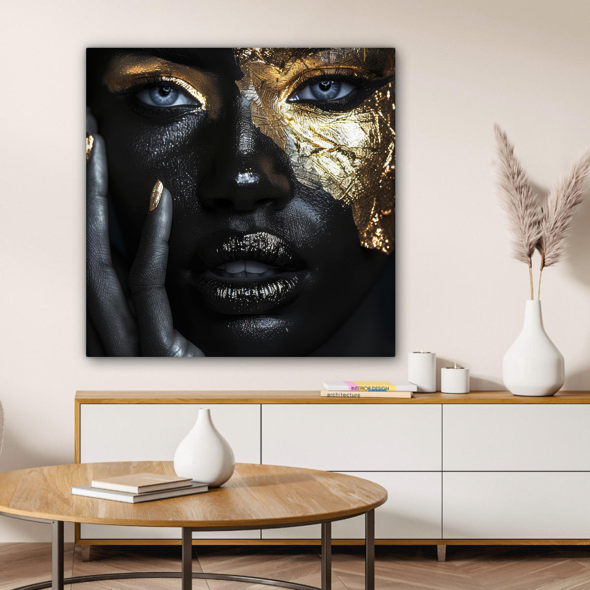 LEINWANDBILD Frau - Gold - Porträt - Schwarz-Weiß - Luxus Deko Groß 90x90 cm - Hellblau, Textil (90/90cm) - MuchoWow