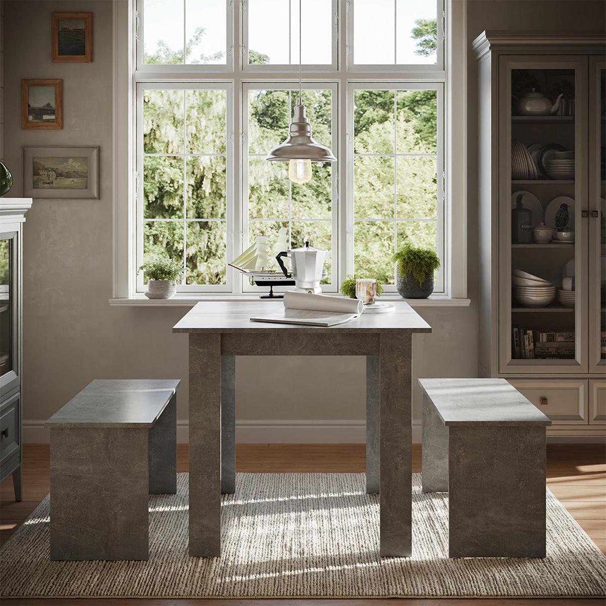 ESSTISCH SET Sentio Beton 80 x 80 cm mit 2 Bänken - Grau, Holzwerkstoff (80/73/80cm) - Vicco