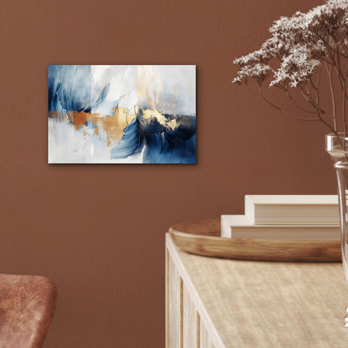 KOVOVÝ OBRAZ Zlatá - modrá - akvarel - umenie - moderné 30x20 cm - svetlomodrá, kov (30/20cm) - MuchoWow