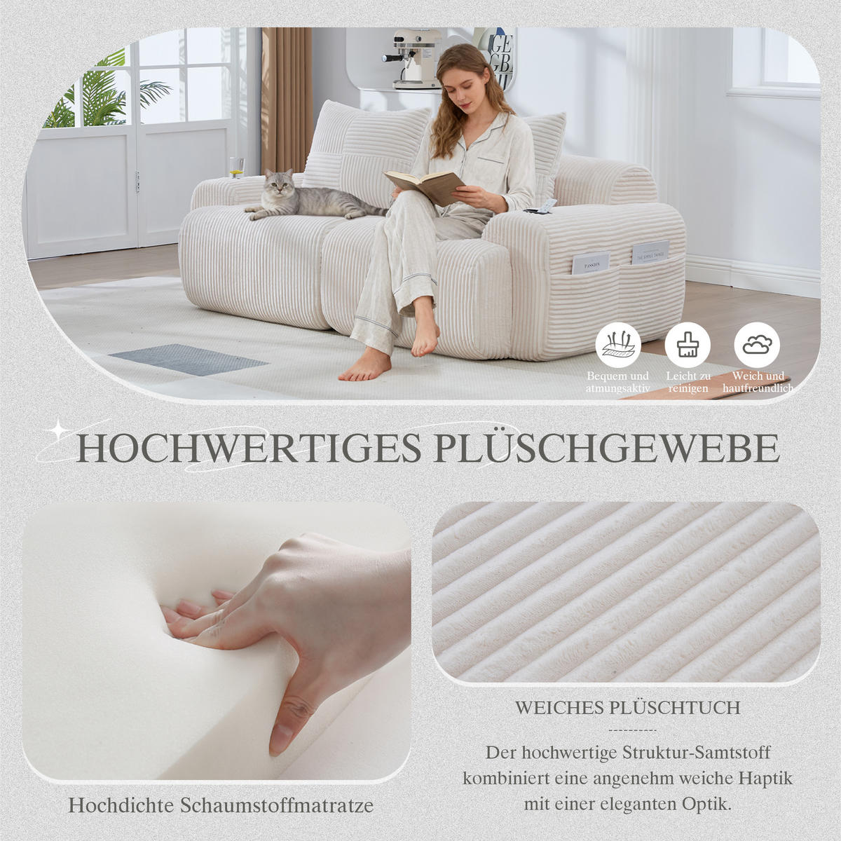 2-SITZER Sofa Cord mit Getränkehalter und Seitentasche 200/99/80 cm Beige - Beige, Textil (99/80/200cm) - Redom