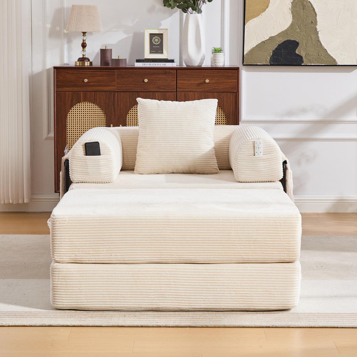 SOFA Cord Beige mit Kissen und Hocker - Beige, Textil/Metall (112/67/190cm) - WISHDOR