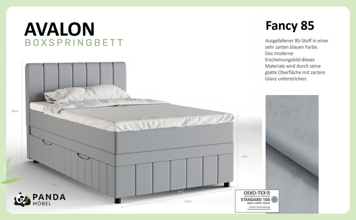 BOXBETT AVALON 120 x 200 cm mit Bettkasten und Topper - Hellgrau - Hellgrau, Holz - Panda Möbel