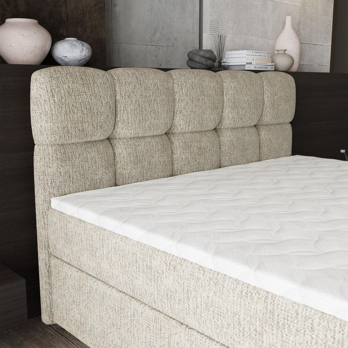 BOXBETT BRUME 180x200 cm mit Matratze und Topper, H2+H3 - Creme - Creme, Holz (180/200cm) - MASSENO