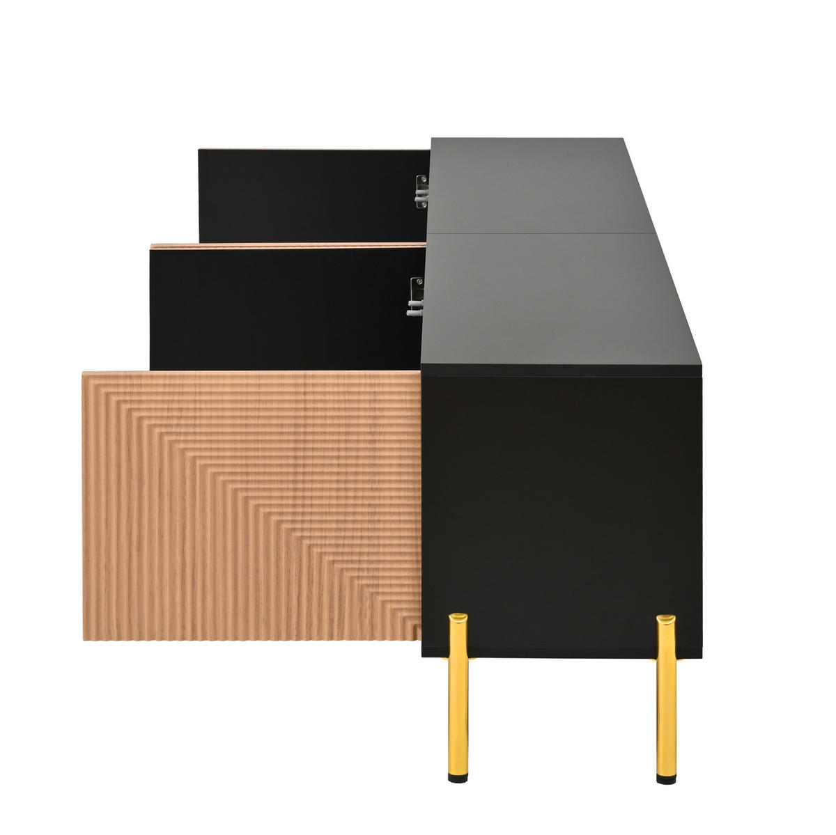 TV-SCHRANK aus Holzwerkstoff 179x35x53,5 cm Schwarz/Natur mit 4 Türen und strukturiertem Frontdesign - Hellbraun, Holzwerkstoff (179/53.5/35cm) - Modfu