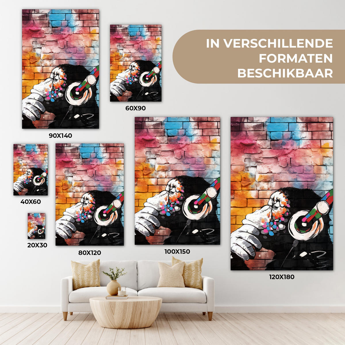LEINWANDBILD Affe - Graffiti - Musik Deko XXL 80x120 cm - Multicolor, Textil (80/120cm) - MuchoWow