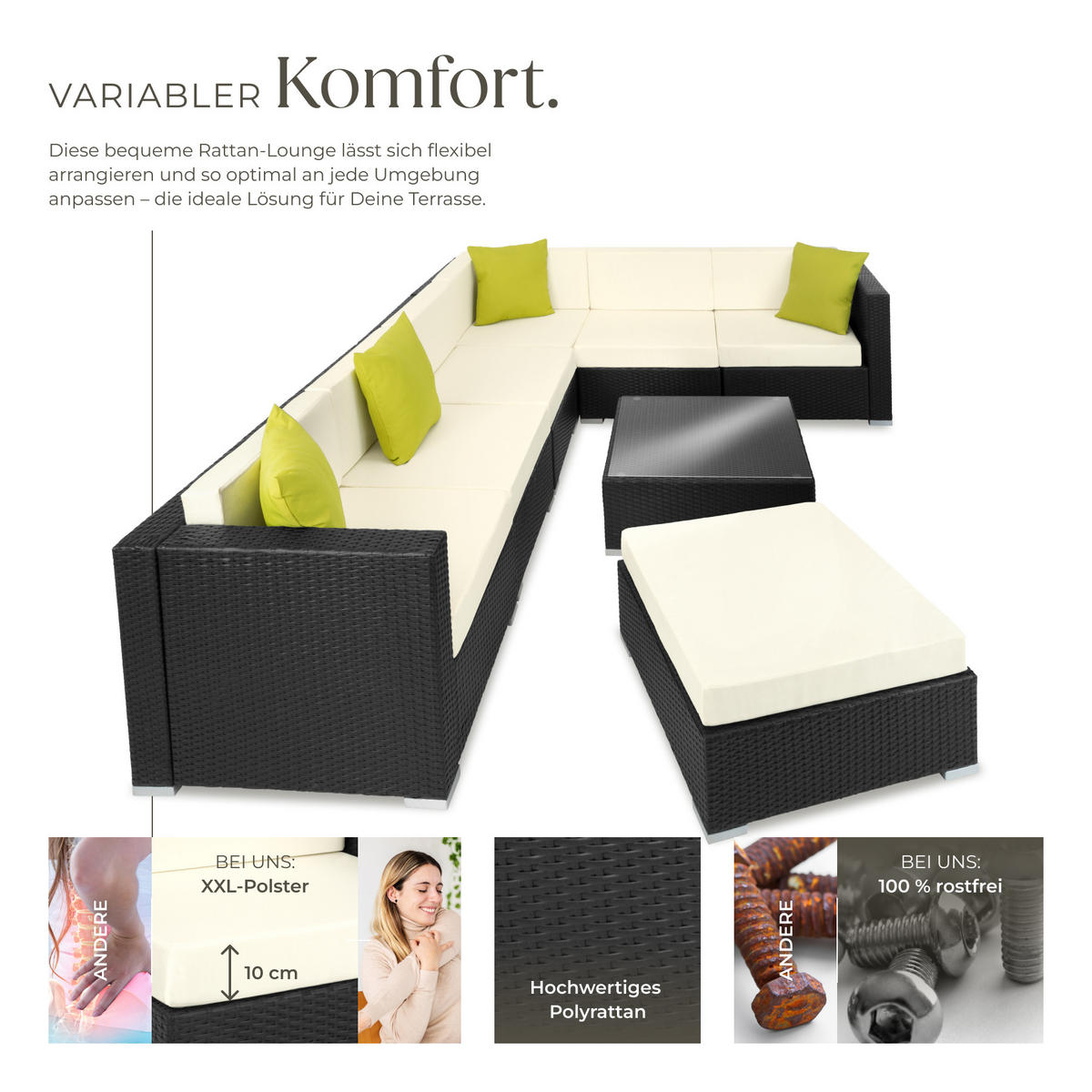 RATTANLOUNGE Marbella,mit Sicherheitsglasplatte,schwarz - Schwarz, Kunststoff - tectake