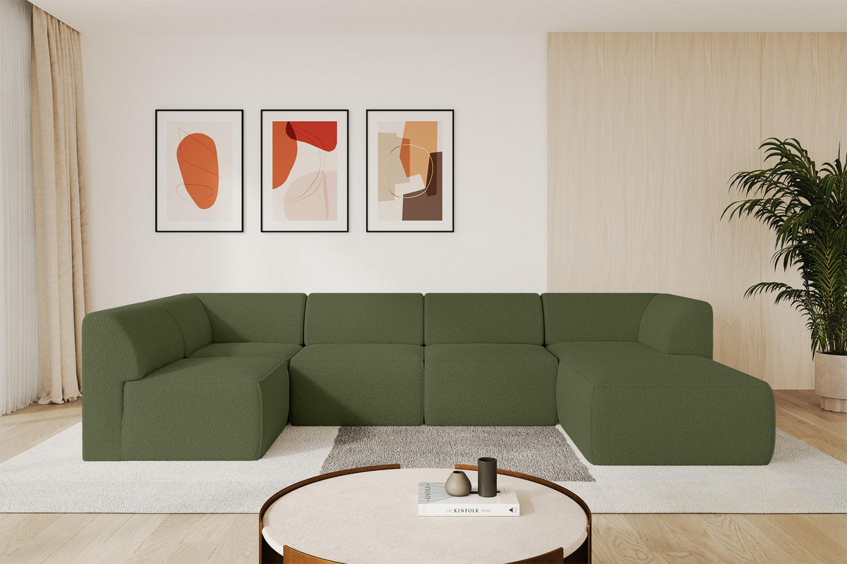 WOHNLANDSCHAFT Ottomane Rechts MOVO-L 345x180x78 cm Grün Bouclé - Dunkelgrün, Holzwerkstoff/Kunststoff (180/78/345cm) - ALTDECOR