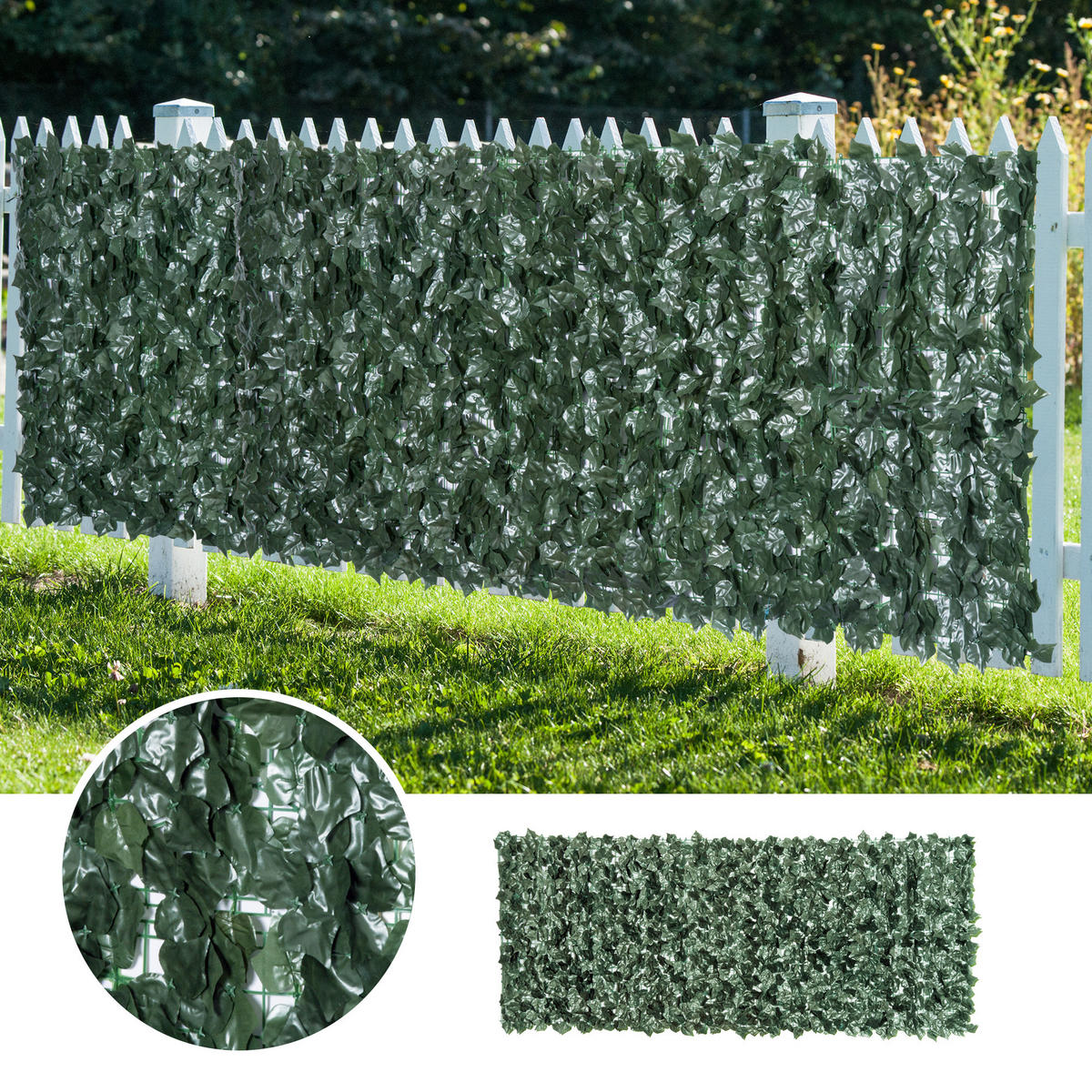 KÜNSTLICHE Hecke Sichtschutz, Gartenzaun mit Künstlichen Blättern 2,4x1m - Grün, Kunststoff (1/100cm) - Outsunny