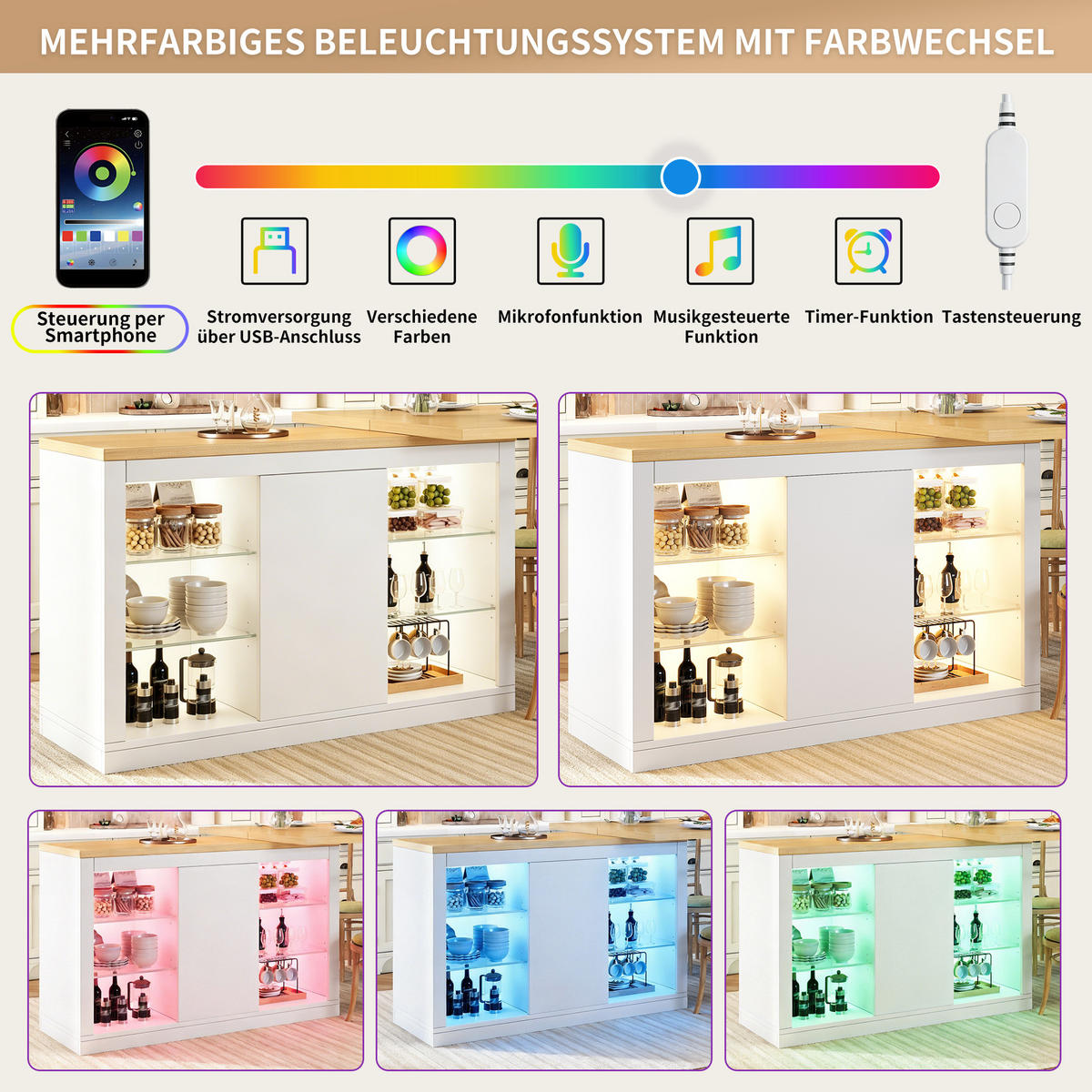 ESSTISCH Ausziehbar 120–197cm 360° RGB LED Stauraum - Weiß, Holzwerkstoff (40/120/72cm) - FLIEKS