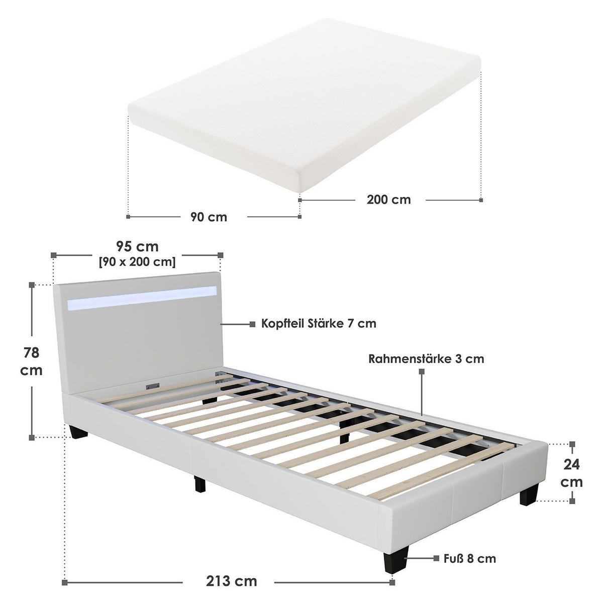 POLSTERBETT Verona mit Matratze und LED weiß 90x200cm - Weiß, Textil (90/200cm) - Juskys