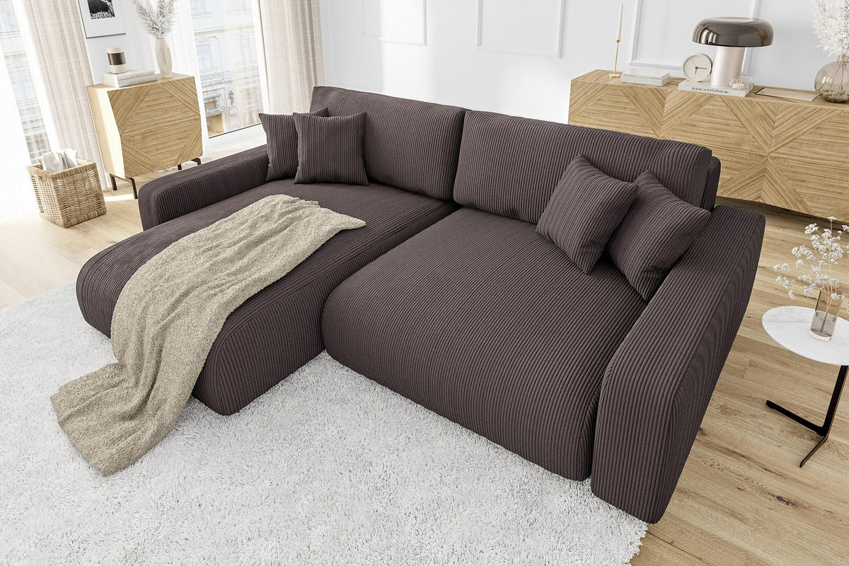ECKSOFA Emma Dunkelbraun Cord - Ottomane links - Dunkelbraun, Textil (234/170cm) - S-Style Möbel