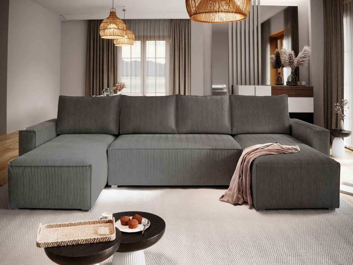 WOHNLANDSCHAFT ASPRA Graphitfarben Kordstoff mit Schlaffunktion - Graphitfarben, Holz (295/85/140cm) - MASSENO