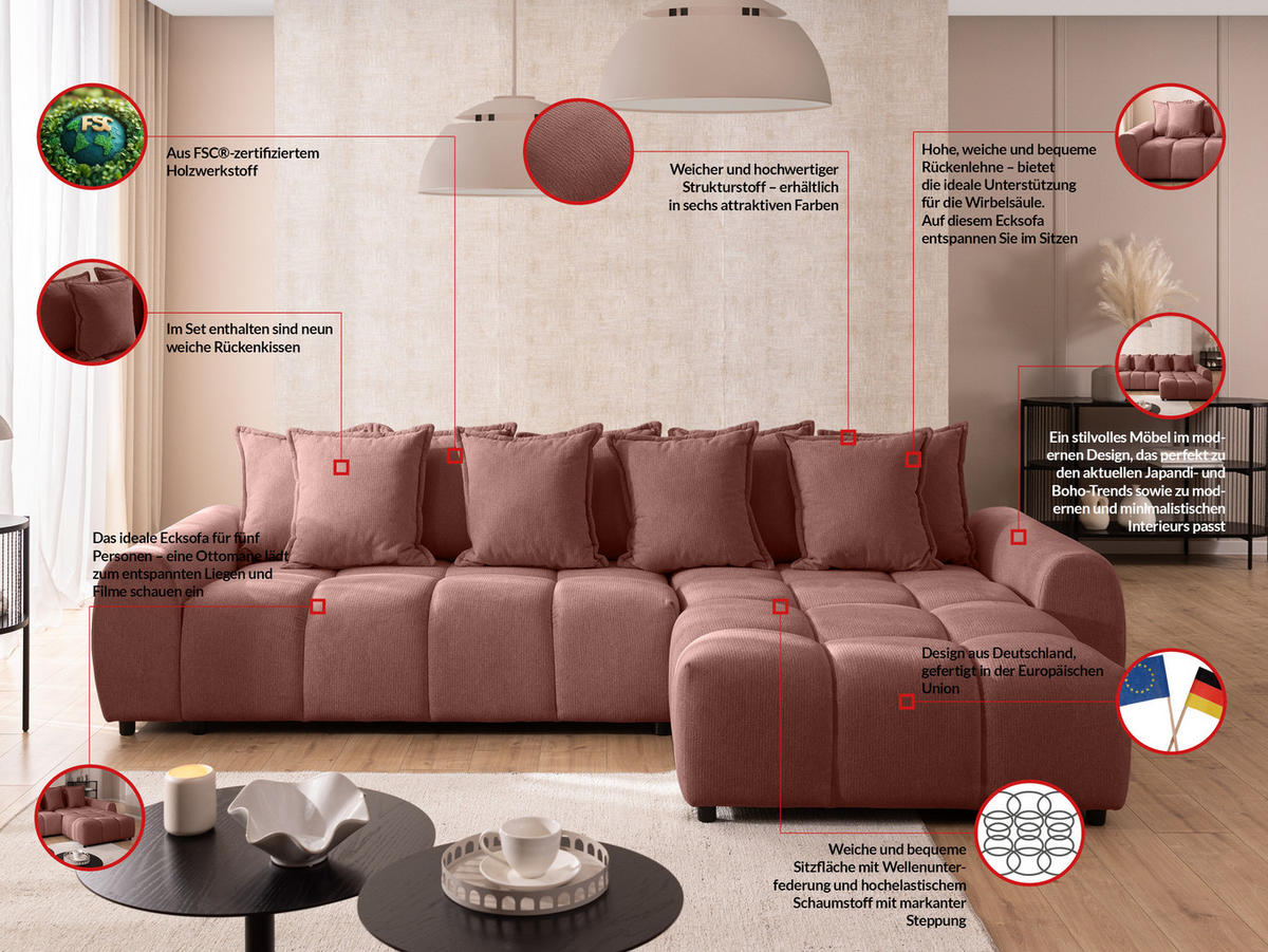 ECKSOFA Bubble mit losen Rückenkissen und Sitzfläche in Bubble-Optik aus weichem Terrakotta Strukturstoff mit schöner Sitzkomfort - Ottomane rechts - Terracotta/Schwarz, Holz/Kunststoff (180/306cm) - S-Style Möbel