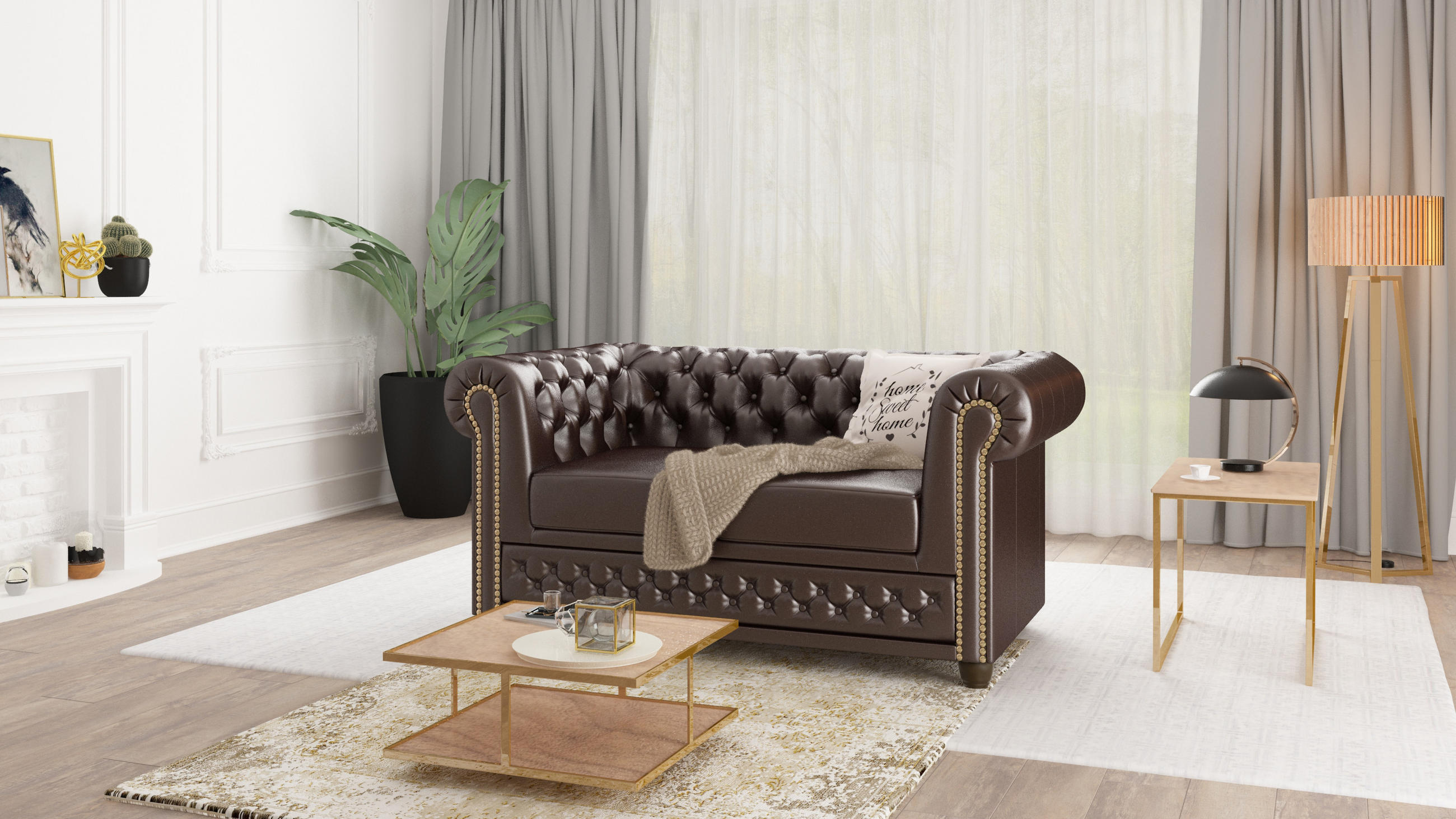 CHESTERFIELD-SOFA 2-sitzer mit Schlaffunktion Morin Braun vegan Leder - Braun, Holz/Textil (148/72/86cm) - S-Style Möbel