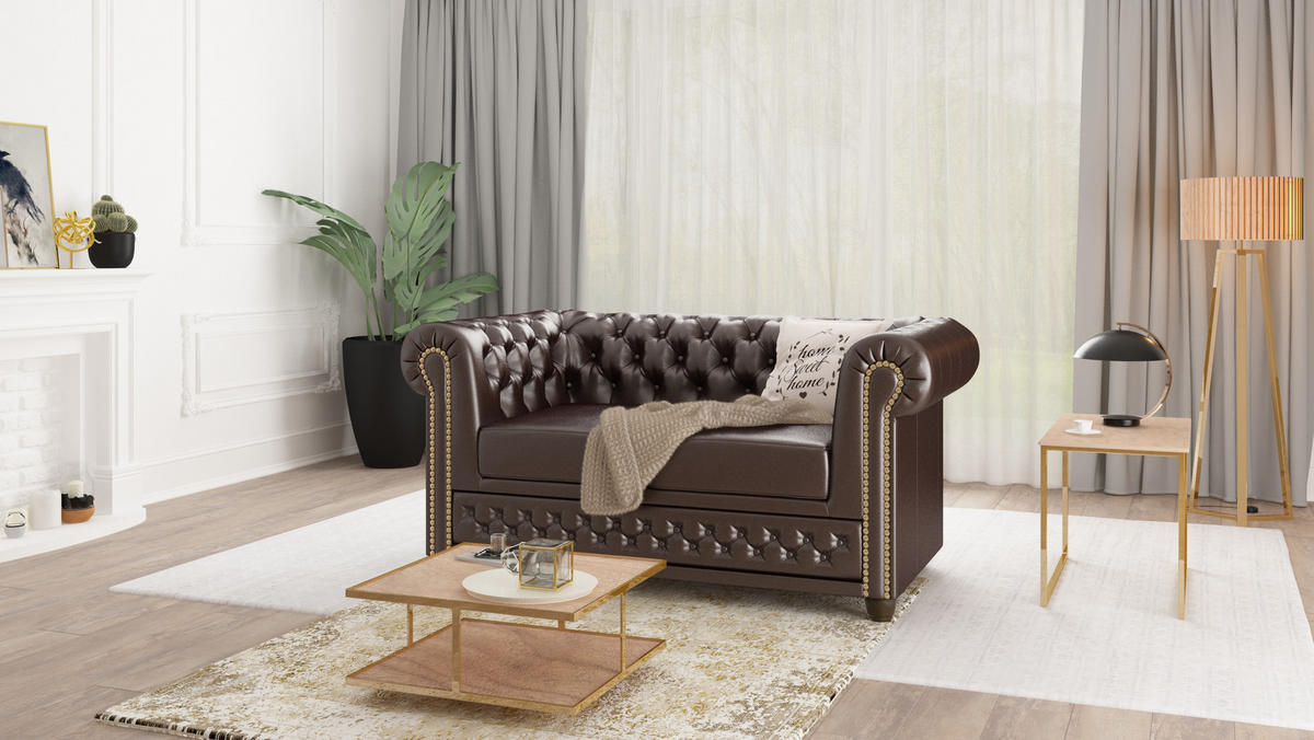 SITZGARNITUR 3+2+1 mit Schlaffunktion Chesterfield Morin Braun Vegan Leder - Braun, Buchenholz/Textil (203/72/86cm) - S-Style Möbel