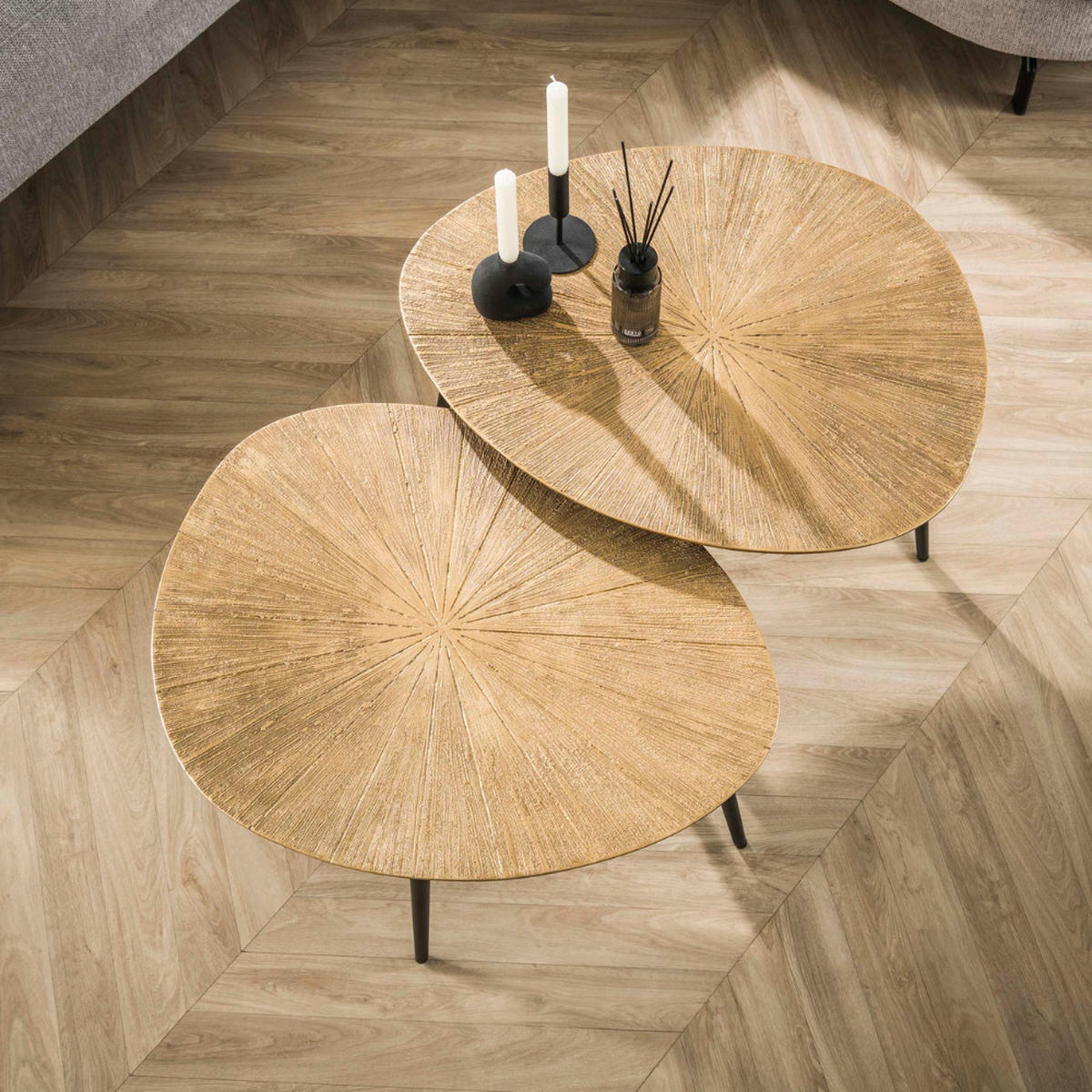 COUCHTISCH-SET SILVIO RAGGIO Organische Satztische mit Strahlenmuster in Antikgold - Goldfarben, Holz (56/71/40cm) - alesvelt