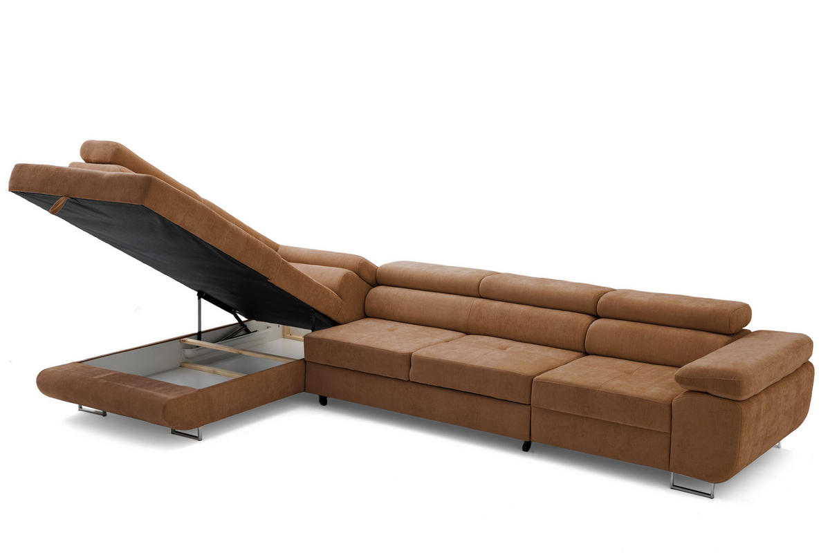 ECKSOFA WILD MAXI L Links mit Schlaffunktion 125x195 Chenille Braun - Chromfarben/Braun, Holz/Textil (350/203cm) - Muffo