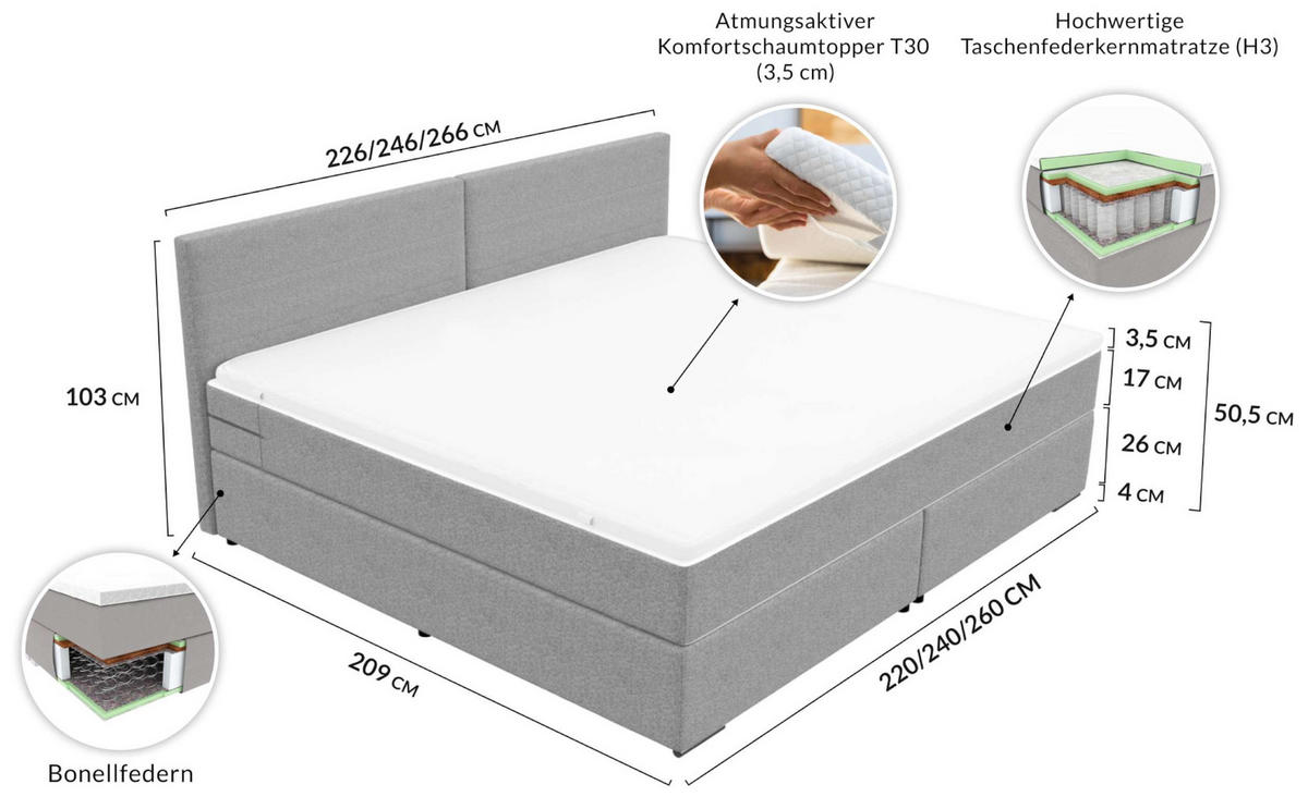 FAMILIENBETT BOXSPRINGBETT Webstoff Bordeaux 220/200 cm - Chromfarben/Bordeaux, Kunststoff/Textil (220/200cm) - 99rooms
