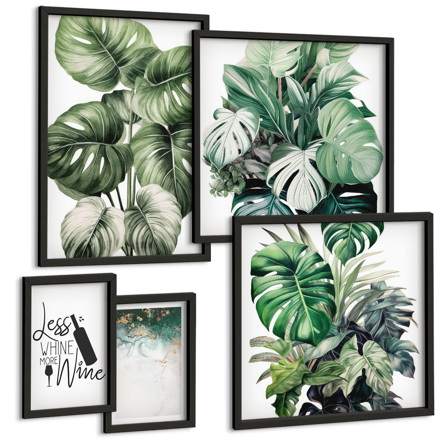 BILDER SET 5er Set - 50x50 cm & 20x30 cm & 40x60 cm Schwarzer Rahmen - Grüne Weinblätter - Schwarz, Kunststoff (40/60cm) - TULUP