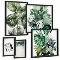 BILDER SET 5er Set - 50x50 cm & 20x30 cm & 40x60 cm Schwarzer Rahmen - Grüne Weinblätter - Schwarz, Kunststoff (40/60cm) - TULUP