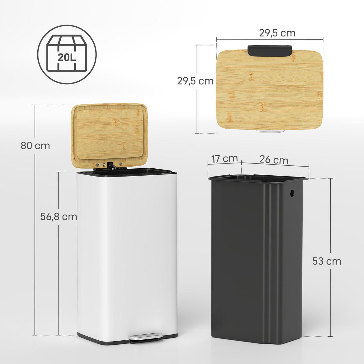 TRETEIMER Weiß Soft-Close Pedal 20L - Naturfarben, Holz (29.5/56.8/29.5cm) - PANGIVO