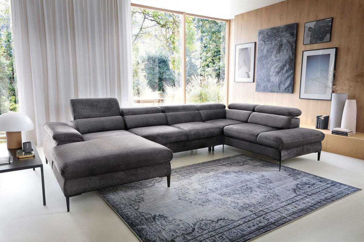 ECKSOFA U-Form 350 cm Amaro M mit Schlaffunktion, Links, Grau - Grau, Holz (214/353cm) - Emporius