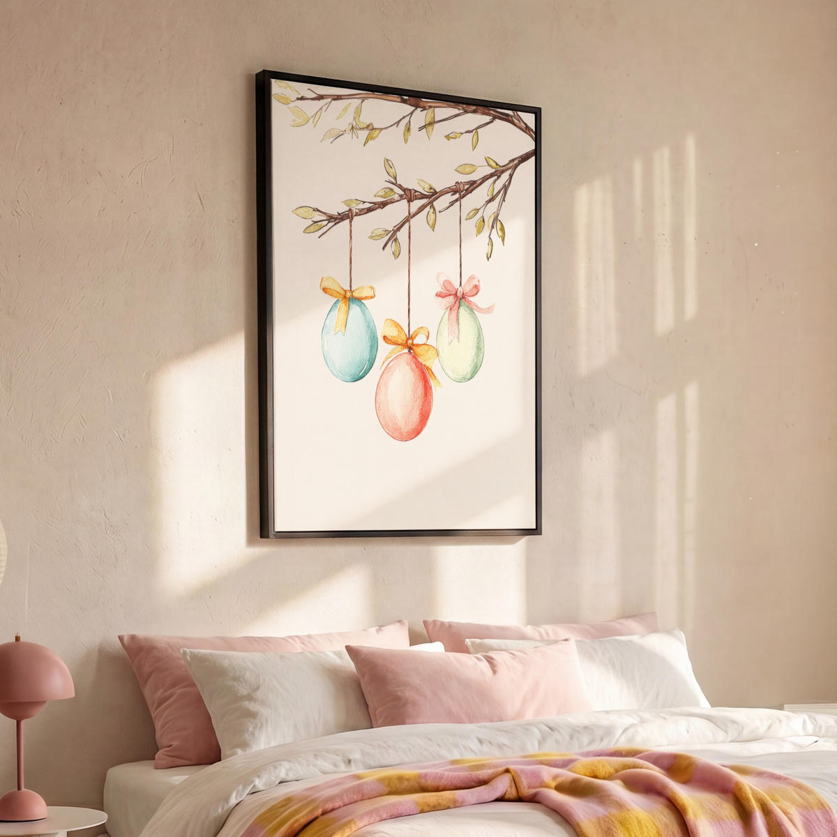 LEINWAND Bilder mit Rahmen - Osterkuchen - Schleife - Eier - 80x120 - Creme, Textil (80/120cm) - MuchoWow