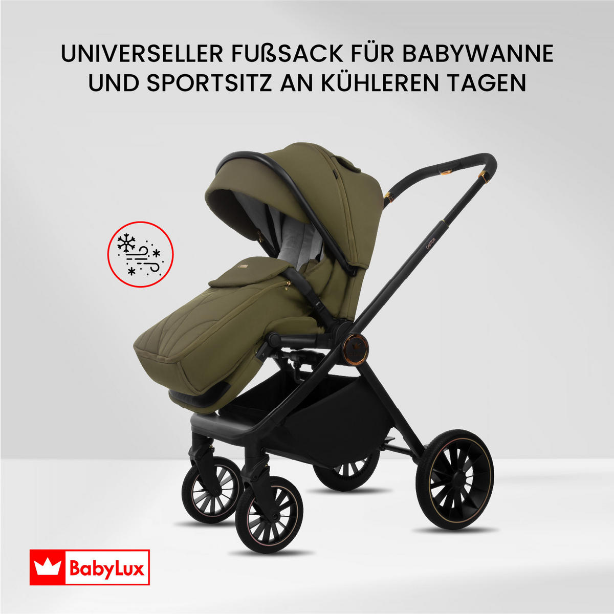 KINDERWAGEN Castor 3in1 Olive Babywanne, Buggy Sportsitz, Babyschale I-Size - Schwarz/Olivgrün, Textil/Metall (58/99cm) - BabyLux