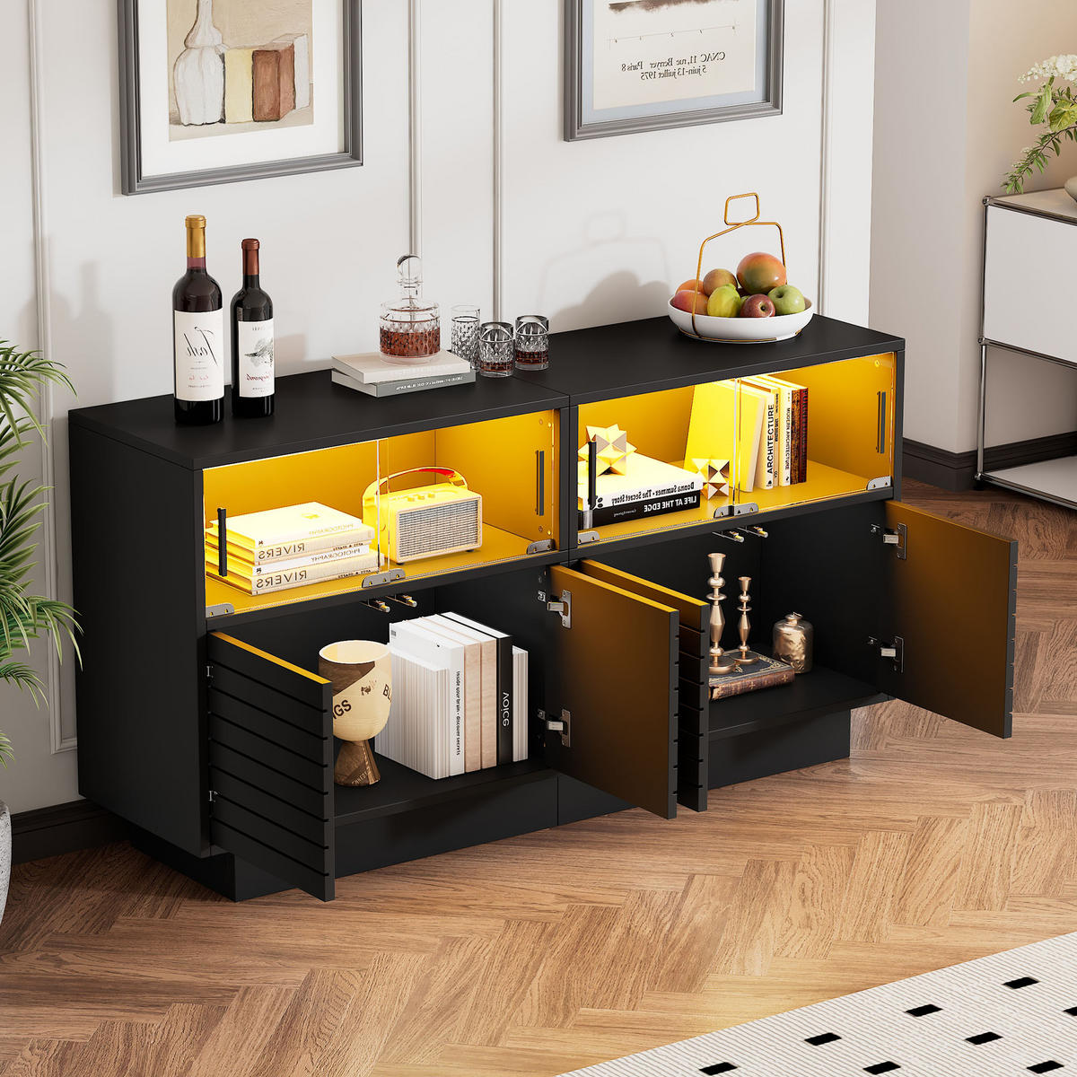 SIDEBOARD LED 2 Türen 4 Fächer Glas 130x35x68cm Stauraum - Schwarz, Holzwerkstoff (35/68/130cm) - FLIEKS