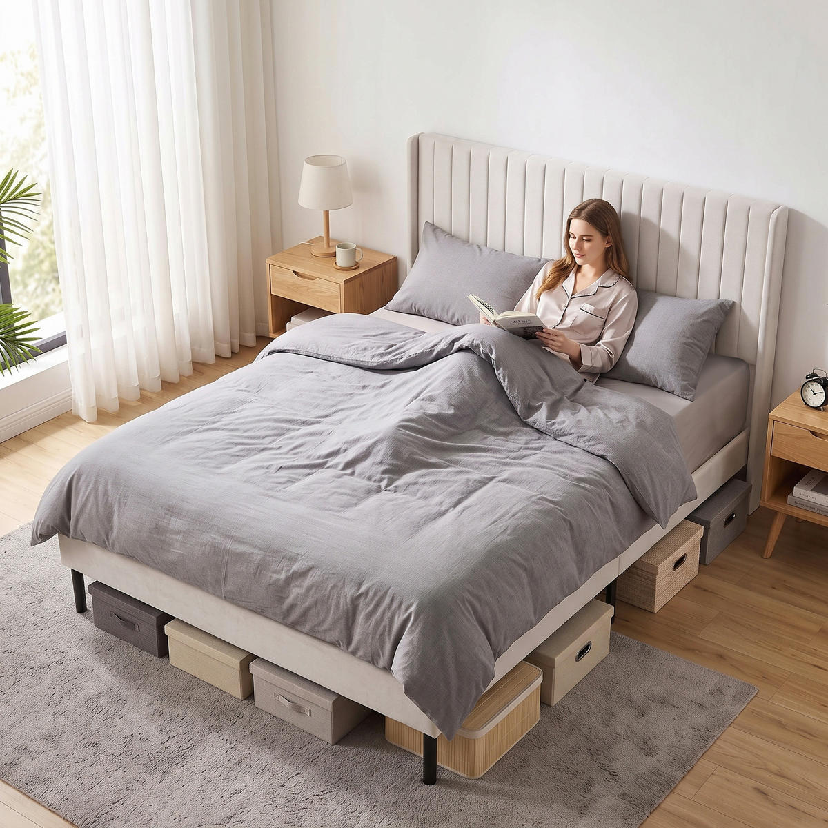 BETTGESTELL Holland-Samt Beige - Beige/Schwarz, Holzwerkstoff/Kunststoff (140/200cm) - HOMCOM