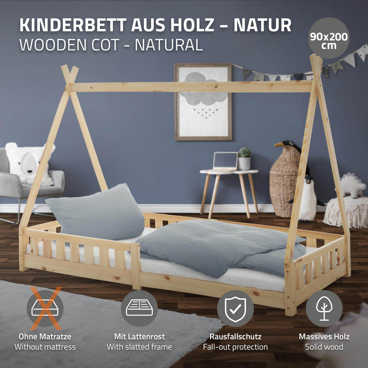 KINDERBETT Tipi 90x200 cm Natur - Naturfarben, Holz (90/200cm) - ML-DESIGN