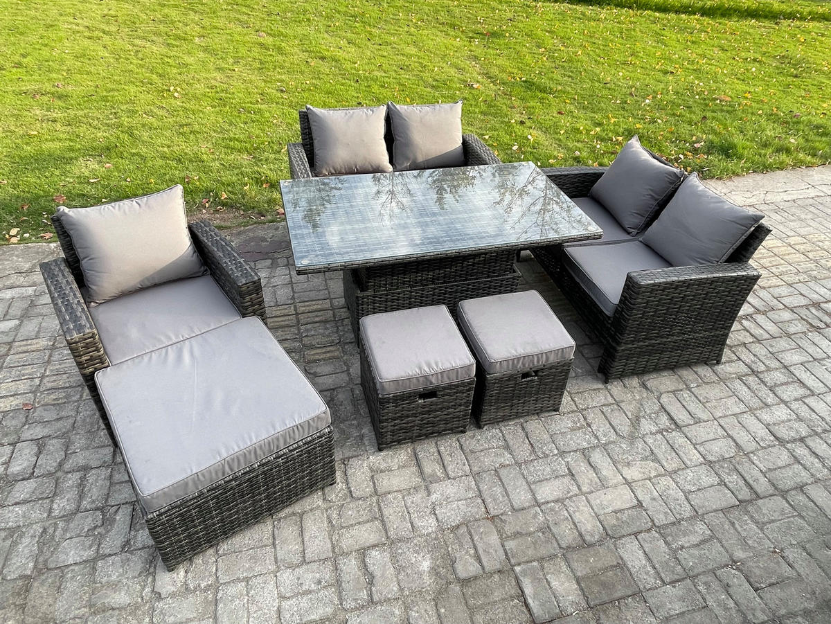 GARTENMÖBEL-SET SOFA HÖHENVERSTELLBARER ESSTISCH 3 HOCKER Polyrattan Dunkelgrau Gemischt 8-Sitzer - Dunkelgrau, Metall - Fimous